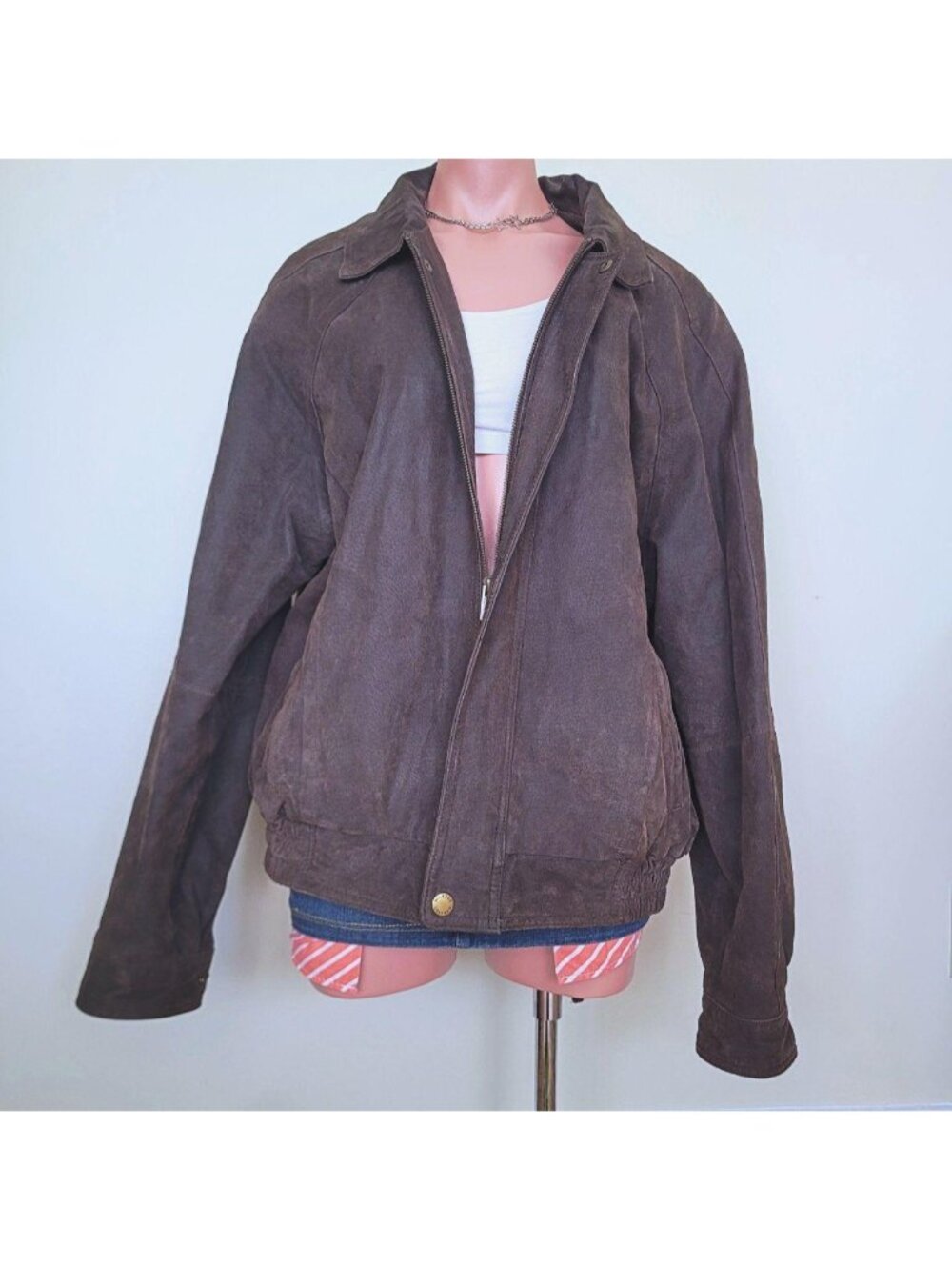 Wilsons Genuine Suede Leather Brown Heavy Utility Bomber Jacket (L)
